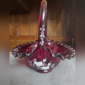 Hand Painted And Signed Fenton Ruby Red Glass Basket with White Floral Accents